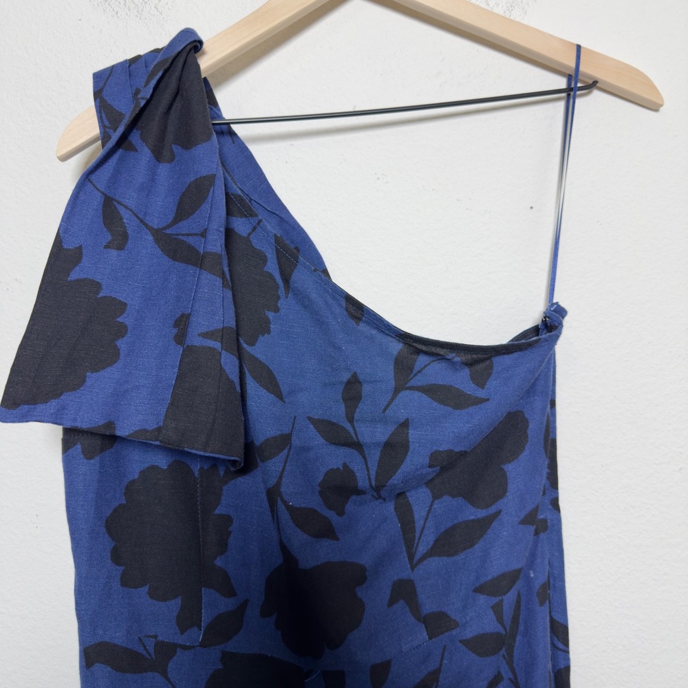 Kate Spade Women Linen‎ Jumpsuit 8 Blue Black Floral One Shoulder Wide Leg - Picture 4 of 11